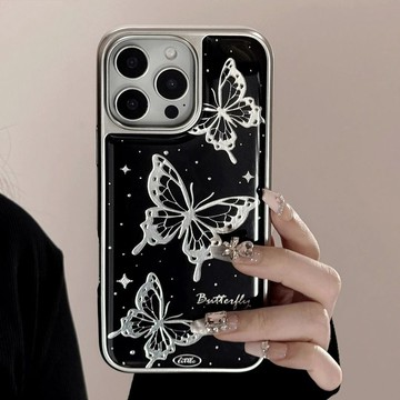 暗黑風蝴蝶適用蘋果17promax手機殼iphone16電鍍銀15Pro滴膠1