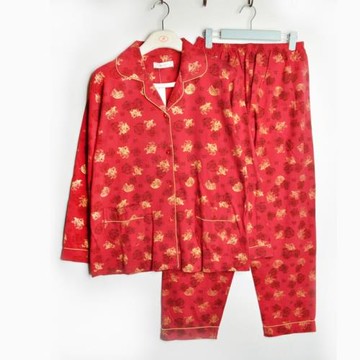 蓮帝兒紅色結婚睡衣新婚情侶長袖長褲針織全棉雙面加厚睡衣本命年