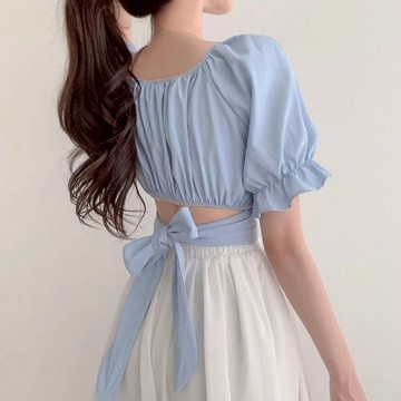 【太妮絲Q147】韓系 chic 法式 小眾 方領泡泡袖 蝴蝶結繫帶 收腰 高腰 露臍 短款 蝴蝶結 綁帶 泡泡袖上衣