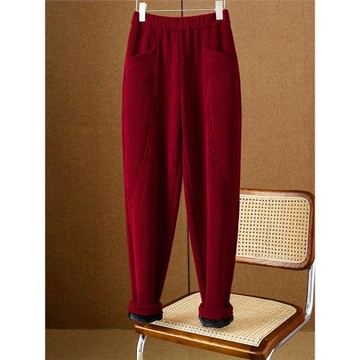 酒紅色燈芯絨哈倫褲女加絨加厚大碼蘿卜休閑褲中老年媽媽褲子秋冬