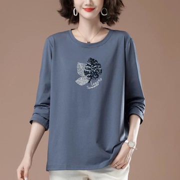 中年媽媽長袖t恤女春秋季新款加肥加大碼女裝寬松顯瘦全棉打底衫