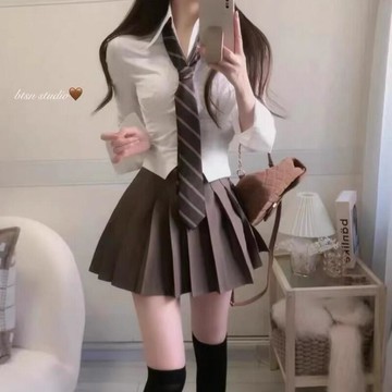JK制服純欲風辣妹收腰長袖襯衫女日系學院風套裝學生百褶裙兩件套