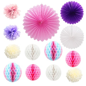 Livingda 派對裝飾蜂巢紙花球 13件組  嬰兒粉 + 薰衣草紫 + 象牙白  花球 20cm 4個 + 蜂巢球 20cm 4個 + 蜂巢球 25cm 2個 + 紙扇 3個