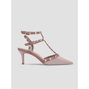 裸色真皮羅馬時裝尖頭鉚釘性感涼鞋女細跟高跟鞋女士一字扣帶單鞋