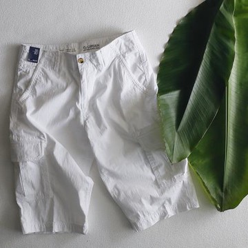 夏清新純白色工裝中褲多口袋棉質休閑褲男短褲出口歐洲外貿七分褲