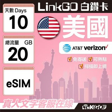 LinkGO白鑽卡 美國 eSIM卡 10天上網卡 總流量20GB 高速流量(美國網卡 舊金山 洛杉磯 紐約 西雅圖)