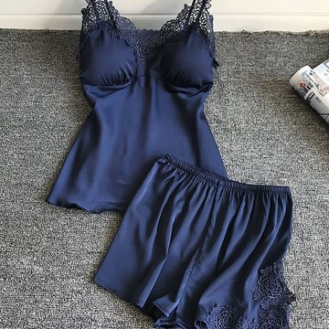 ✨台灣出貨✨睡衣女夏季兩件套冰絲睡裙性感模擬絲吊帶家居服薄款絲綢蕾絲套裝