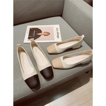 香港2025年低跟單鞋女春秋季小香風方頭淺口百搭裸色拼色真皮船鞋