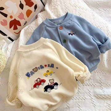 🍒Hi！Kids🍒日系~春季新款男童開衫 卡通小熊汽車刺繡外套 寶寶兒童針織小外套WT