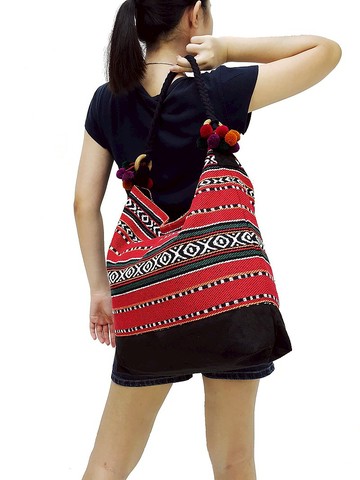 手提袋 編織棉袋女士單肩包手工製作的紅購物袋