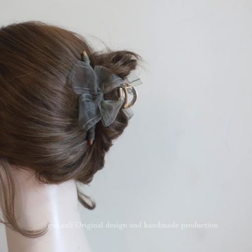 GUKUA LI 灰綠網紗蝴蝶結抓夾簡約百搭少女后腦勺發夾子發飾頭飾
