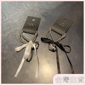 ✨臺灣出貨✨【飾飾如意】韓國甜酷銀色串珠愛心絲帶髮圈新款芭蕾風蝴蝶結飄帶頭繩女
