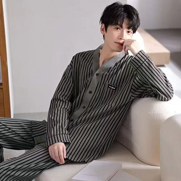 高檔睡衣男款春秋季長袖男士青年條紋秋冬新款套裝舒適時尚可外穿鑫弘-衣錦男裝