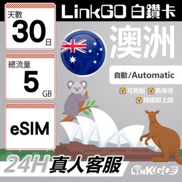 LINKGO白鑽卡 澳洲 eSIM卡 30天上網卡 總流量5GB 高速流量(澳洲網卡 雪梨 布里斯本 墨爾本)