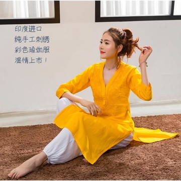 B4-1-4印度瑜伽服禪修服大師服女中長款純棉刺繡薄款黃色民族風