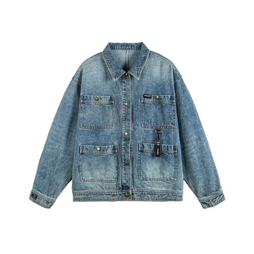 秋冬季款寬鬆潮牌休閒多口袋牛仔衫男 潮流翻領工裝夾克上衣男