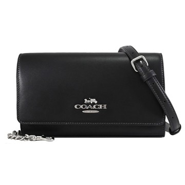 COACH CP034 金屬馬車LOGO滑面皮革翻蓋斜背包/手拿包.黑