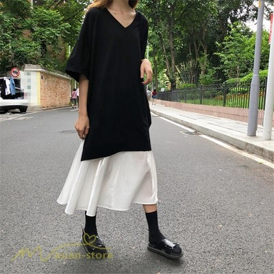 LKD-2105-007 ワンピース 切替 半袖 Tシャツ フレア Aライン ロ ワンピース 切替 半袖 Tシャツ フレア Aライン ロング プリーツ