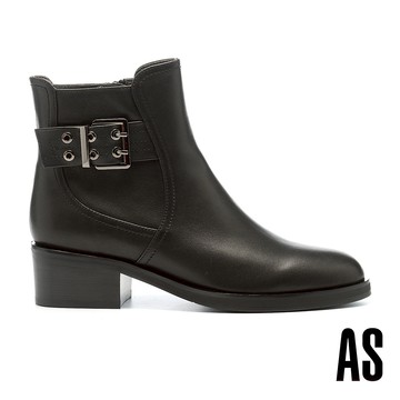 AS 別致時尚造型大方釦全真皮高跟短靴－黑