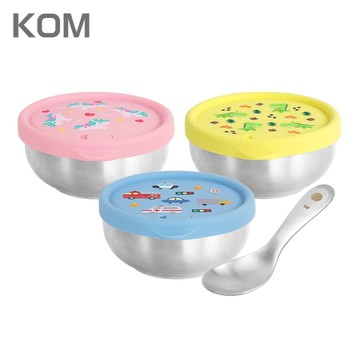 KOM 雙層不鏽鋼矽膠密封兒童隔熱碗附湯匙(3款可選)幼稚園餐具|雙層隔熱|三色碗|幼兒園碗