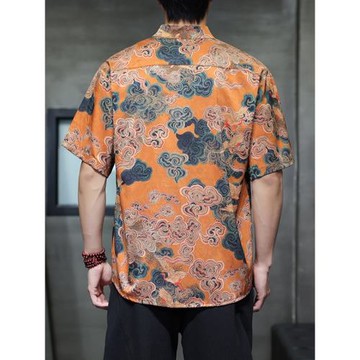 夏季男士復古新中式唐裝男漢服短袖國風五分袖襯衫立領花襯衣男裝