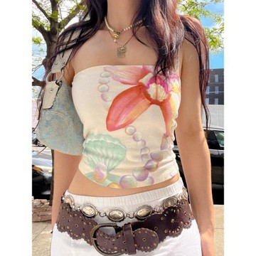DARLINGAGA浪漫度假風海邊貝殼印花抹胸上衣女多巴胺色系修身背心