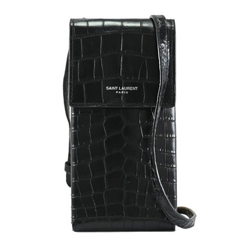 YSL 667713 經典燙銀LOGO鱷魚壓紋翻蓋斜背手機包.黑