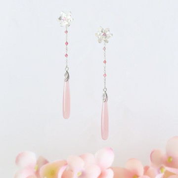 芙蓉｜復古純銀花天然碧璽粉玉耳釘流蘇耳環無痛耳夾原創古風漢服