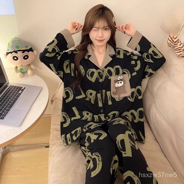 加大碼300斤胖mm春秋季睡衣女長袖卡通蠟筆小新網紅風家居服套裝 QLAG