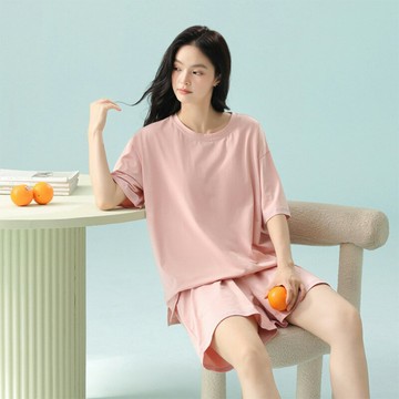 【巴黎精品】現貨+預購 短袖睡衣套裝純棉睡衣親膚透氣居家睡衣寬鬆睡褲大碼休閒女裝-胸墊女上衣5色a1km61