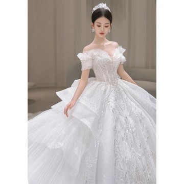 一字肩法式輕婚紗2026新款新娘復古孕婦大碼重工主紗高級質感拖尾