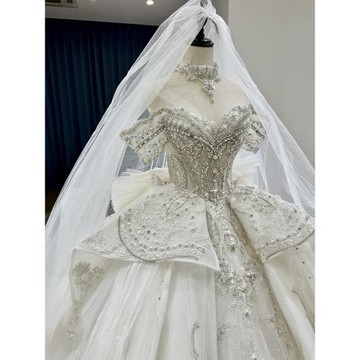 法式重工婚紗2025新款新娘主紗一字肩高級感孕婦大碼胖mm復古冬款