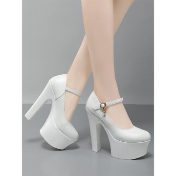 13cm紅色高跟鞋女圓頭粗跟厚底防水臺真皮旗袍走秀鞋模特演出單鞋