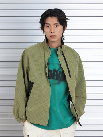 TWO WAY ZIP BLOCKING CASUAL JACKET [KHAKI]