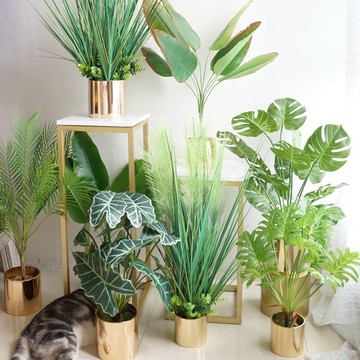 蘆葦綠葉輕奢風金屬花盆仿真植物套裝 客廳落地仿真陳列綠植盆景