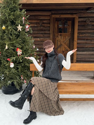 【missy shop】東京夜曲針織落肩背心格紋不規則長裙套裝-92028