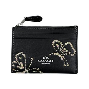 COACH仿刺繡效果亮粉燙印蝴蝶皮雕黑色素面皮革前卡夾鑰匙零錢包