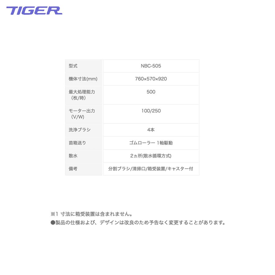 タイガーカワシマ 苗箱洗浄機 洗ちゃん 最大処理能力 時 ブラシ 清掃口付き NBC-505