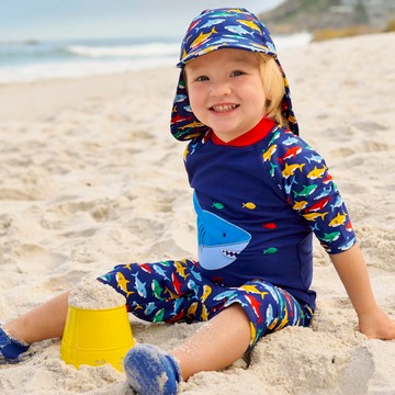 英國 JoJo Maman BeBe - 兩件式泳裝+防曬護頸遮陽帽-海中霸王_JJH1306+海中霸王_JJH1311