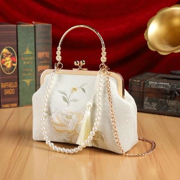 國風刺繡小眾旗袍包包時尚百搭素雅漢服包單肩斜挎珍珠手提口金包