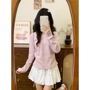 奶油的宇宙 刺繡V領粉色針織衫長袖T恤女日系溫柔風收腰內搭上衣