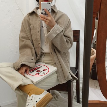 春秋上衣女新款寬松中長款燈芯絨襯衫風衣外套學生襯衣開衫潮1入