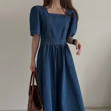 MOCO韓版chic法式方領車線後背拉鏈收腰顯瘦泡泡袖牛仔洋裝連身裙洋裝