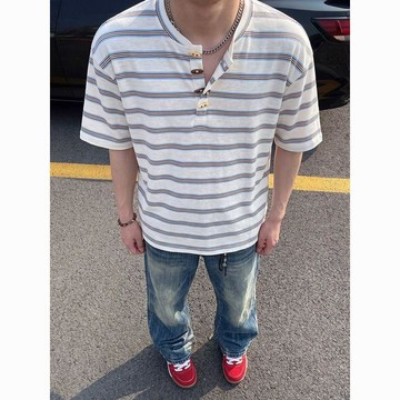 男生條紋短袖上衣 寬版 透氣 美式撞色條紋亨利領短袖恤男夏季新款簡約設計感寬鬆慵懶風上衣0618