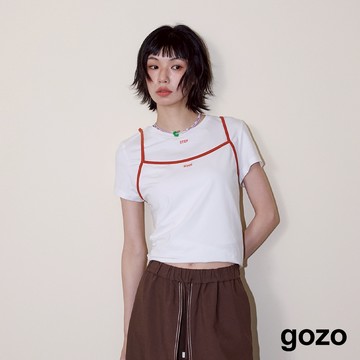 【gozo】A｜撞色滾邊假兩件合身涼感上衣(白色/深藍_M/L) | 女裝 圓領 百搭