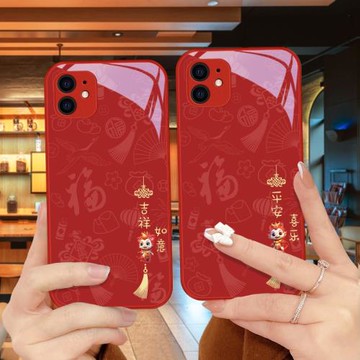 龍年如意適用蘋果11手機殼iPhone11pro玻璃11promax簡約保護套金屬漆個性爆款女款紅色防摔小眾散熱新年硬殼