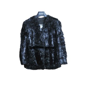 Jil Sander 11AW女士黑色秀款 仿皮草外套開衫毛呢大衣短外套IT34