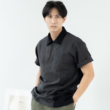 Blue & J 手工編織棉質衣服，馬球領，拼接，簡約外觀 - 黑色