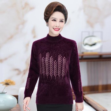 媽媽春秋冬仿水貂絨大碼毛衣女中老年加厚內搭寬松套頭打底針織衫