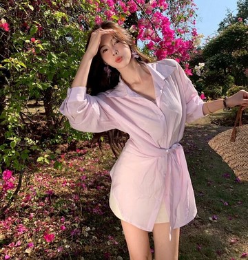 「設計師款」性感蕾絲小衫+中長款綁帶襯衫兩件式